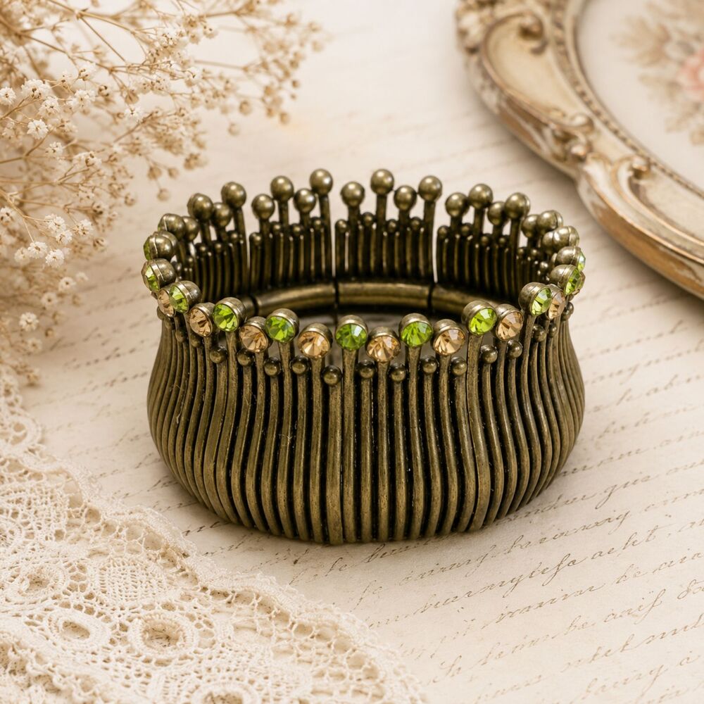 Rhinestone Tipped Brass Tone Wave Like Link Stretch Statement Bracelet